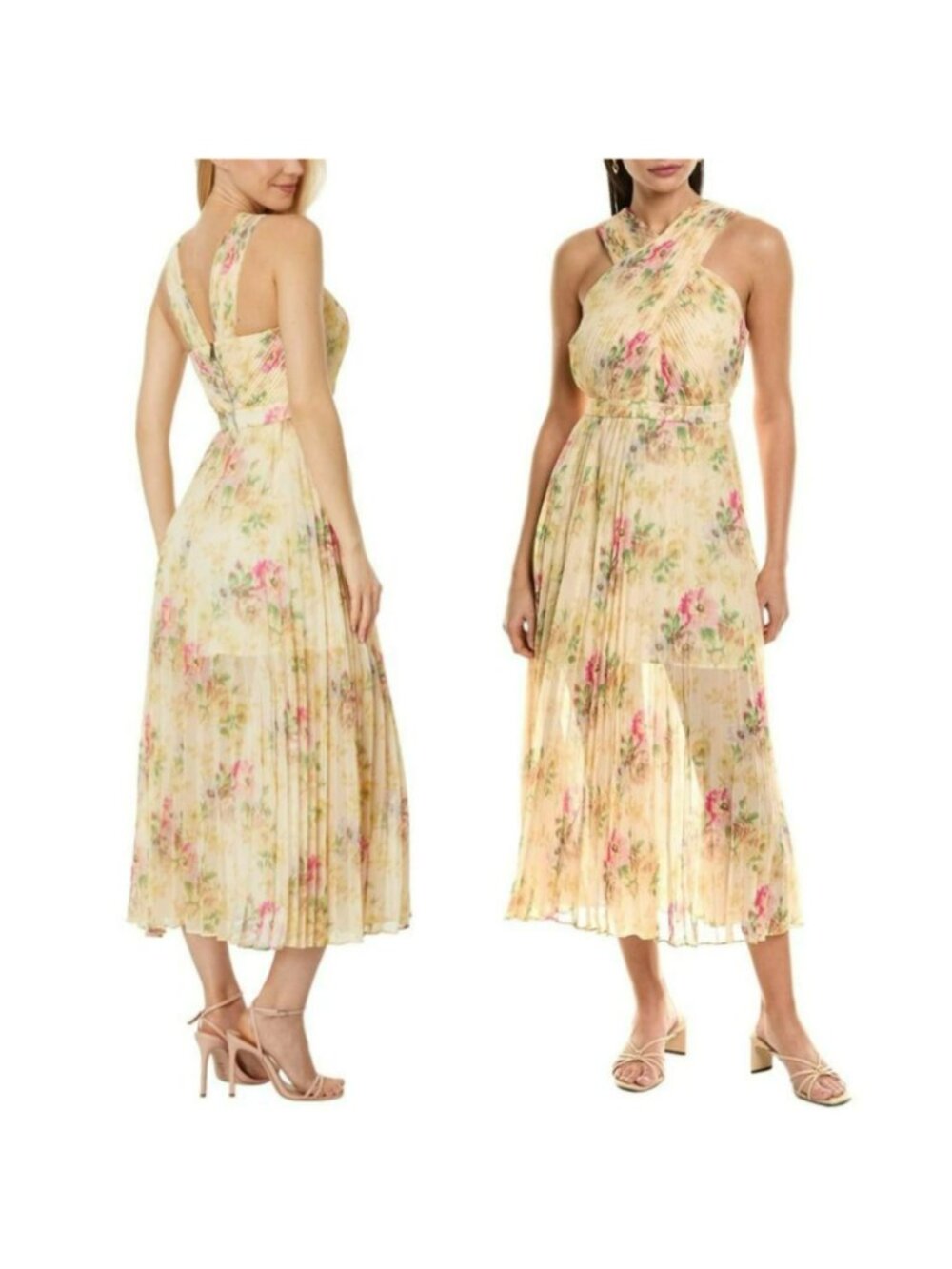 Ted Baker London Yellow Amerah Cross Front Floral Pleated Midi Dress Wedding - Picture 14 of 15